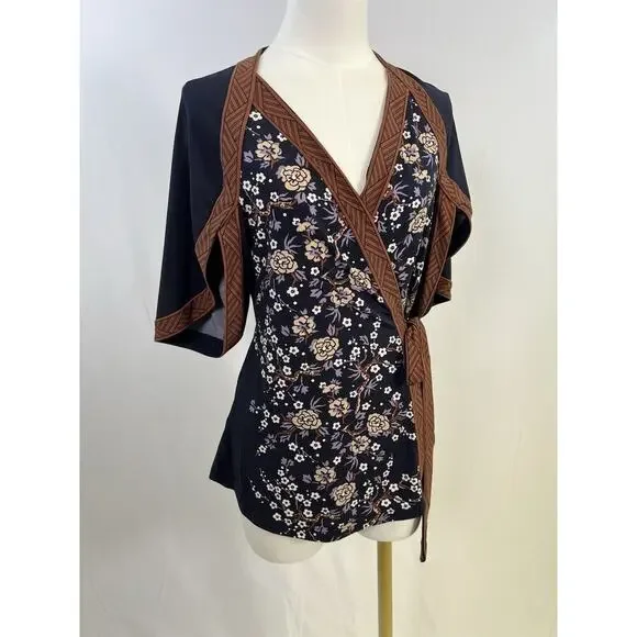 VTG BCBG Gorgeous Y2K Asian Print Kimono Wrap Top Women’s Small Blue Brown - Picture 2 of 11